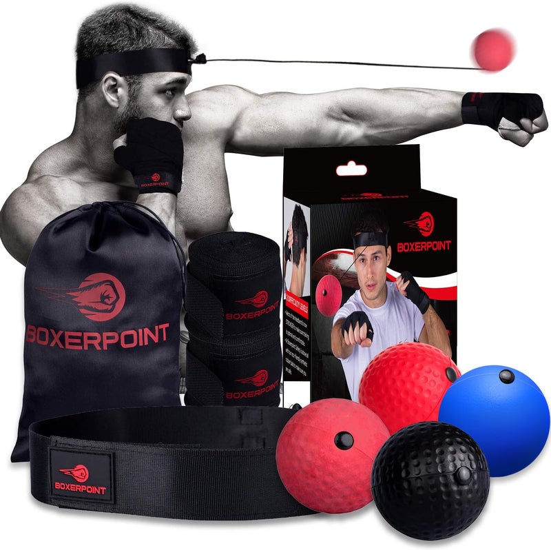 BOXERPOINT Boxing Reflex Ball for Adults and Kids - React Reflex Balls on String with Headband, Carry Bag and Hand Wraps - Improve Hand Eye Coordination, Punching Speed, Fight Reaction - Image 1