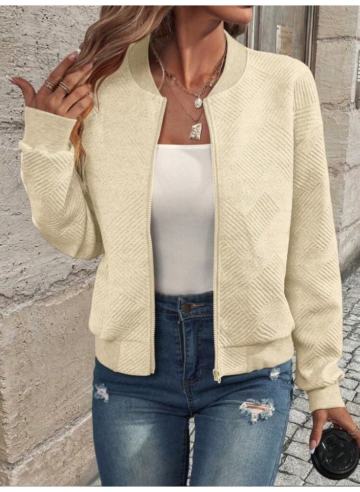general Women's Cropped Knit Jacket with Zip Up Front and Long Sleeve Design Lightweight Baseball Coat with Loose Fit for Casual Layering - Image 1