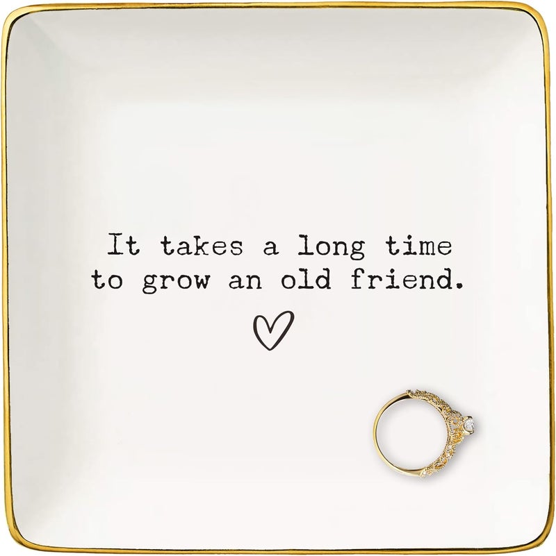 NZY Friendship Christmas Gifts for Best Friend,Bff,Thank You Gift for Bestie,Soul Sisters,Xmas Friendship Keepsake-Ceramic Jewelry Tray Trinket Holder Ring Dish-It Takes A Long Time To Grow An Old Friend - Image 1