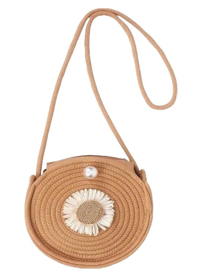 DYARCHY Women Round Sling Bag | Handmade Braided Rope Crossbody Bag | Floral Design Compact Shoulder Bag with Velcro Closure | Casual Travel Sling Purse for Girls & Women (Beige) - Image 1