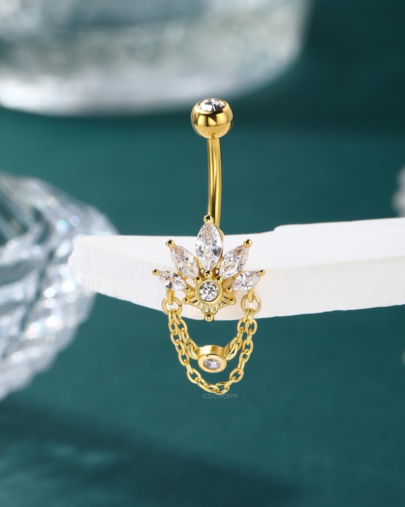 COCHARM 14G Lotus Belly Button Rings Dangle Gold Belly Navel Rings for Women Surgical Steel Navel Piercing jewelry - Image 4