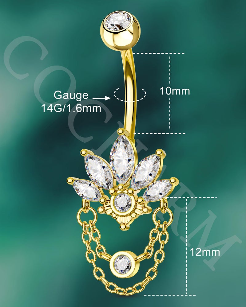 COCHARM 14G Lotus Belly Button Rings Dangle Gold Belly Navel Rings for Women Surgical Steel Navel Piercing jewelry - Image 3