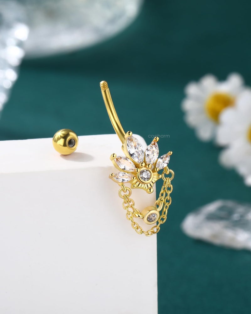 COCHARM 14G Lotus Belly Button Rings Dangle Gold Belly Navel Rings for Women Surgical Steel Navel Piercing jewelry - Image 5