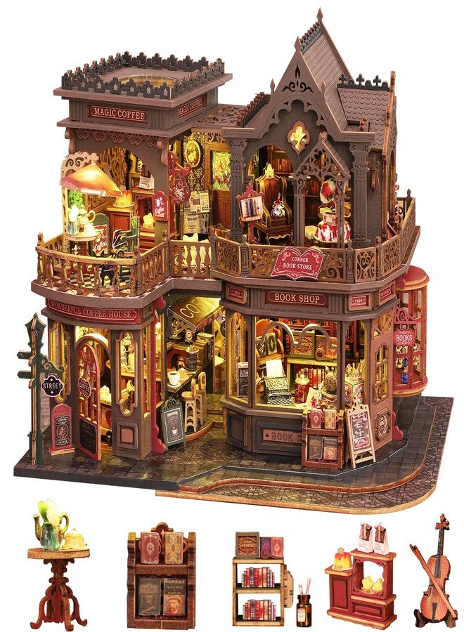 Plustopoy DIY Miniature House Kit - 3D Wooden Puzzle Bookshelf Decor with Furniture & LED Light, Dollhouse Kit Creative Craft Building Set for Adults, for Women Men - Image 1