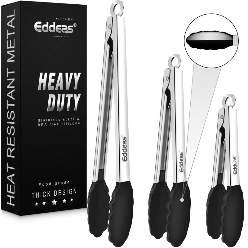 Eddeas Kitchen Tongs with Silicone Tips, Heat Resistant 600 Degrees All Metal handle Locking Tongs For Cooking with Rubber Tips, Heavy Duty Stainless steel Food Tongs, Set of 3-7" 9" & 12" Black - Image 1