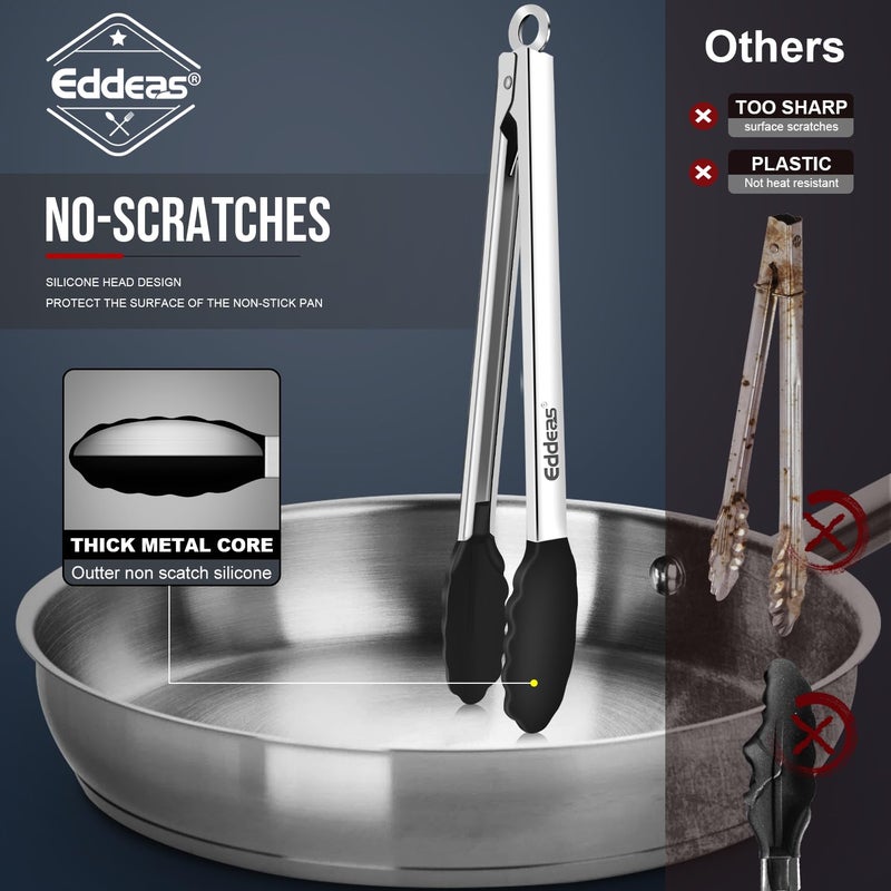 Eddeas Kitchen Tongs with Silicone Tips, Heat Resistant 600 Degrees All Metal handle Locking Tongs For Cooking with Rubber Tips, Heavy Duty Stainless steel Food Tongs, Set of 3-7" 9" & 12" Black - Image 3