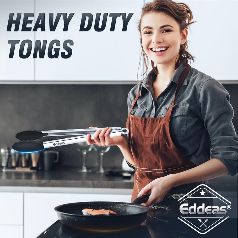 Eddeas Kitchen Tongs with Silicone Tips, Heat Resistant 600 Degrees All Metal handle Locking Tongs For Cooking with Rubber Tips, Heavy Duty Stainless steel Food Tongs, Set of 3-7" 9" & 12" Black - Image 5