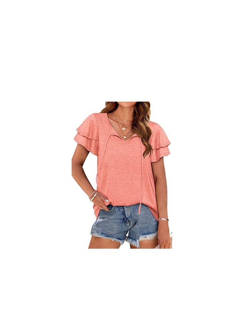 Loquat New Women's V-neck Double-layer Lotus Leaf Short Sleeve T-Thirt 