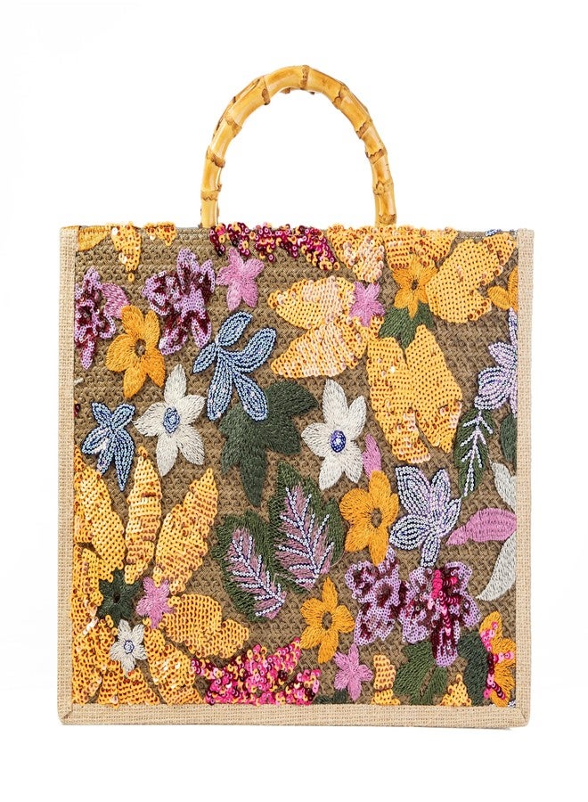 Abvokury Bamboo Handle Sequin Embroidered Floral Tote Bag Evening Handbag for Wedding Party (Yellow) - Image 1