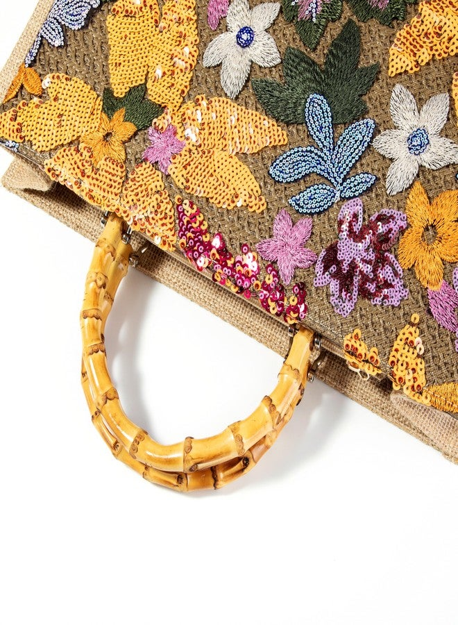 Abvokury Bamboo Handle Sequin Embroidered Floral Tote Bag Evening Handbag for Wedding Party (Yellow) - Image 5