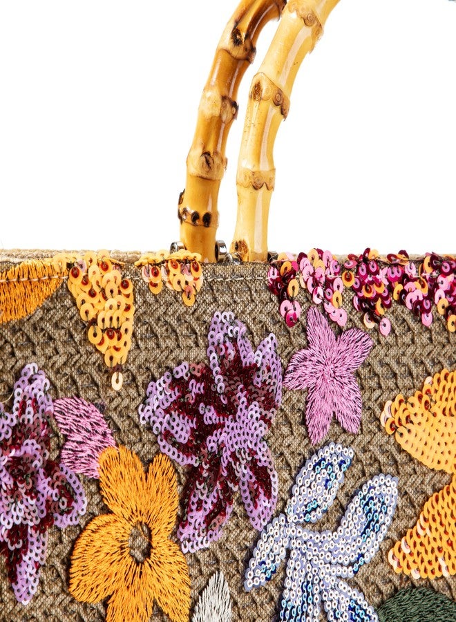 Abvokury Bamboo Handle Sequin Embroidered Floral Tote Bag Evening Handbag for Wedding Party (Yellow) - Image 3