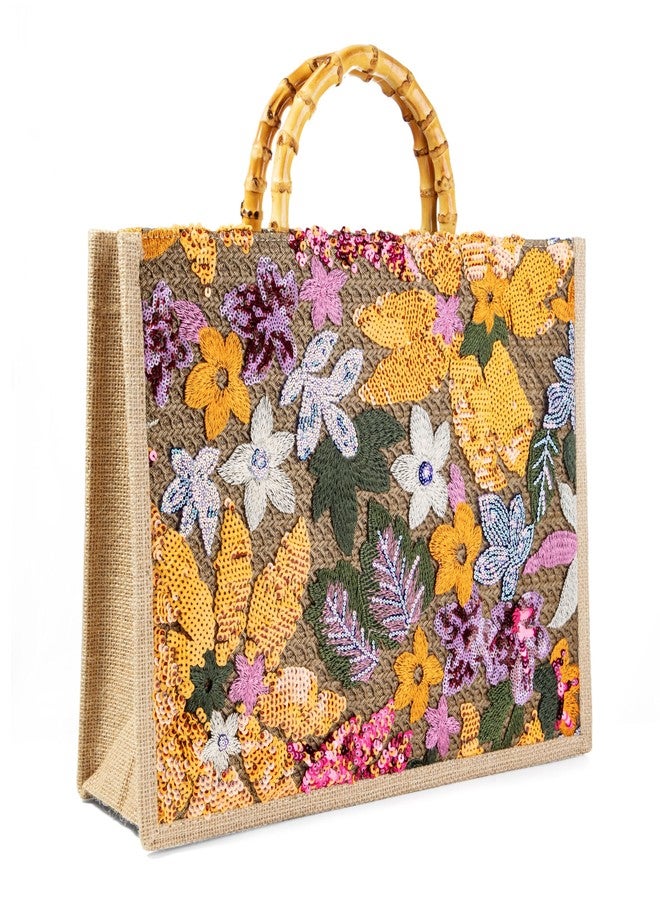 Abvokury Bamboo Handle Sequin Embroidered Floral Tote Bag Evening Handbag for Wedding Party (Yellow) - Image 2