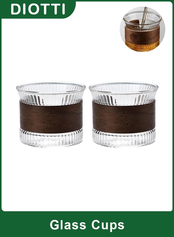 ديوتي طقم أكواب قهوة وشاي من زجاج البورسليكات سعة 180 مل، مكون من قطعتين، مع حلقة خشبية قابلة للإزالة، وأكواب شفافة مطروقة يدويًا للمشروبات الساخنة والباردة - Image 1