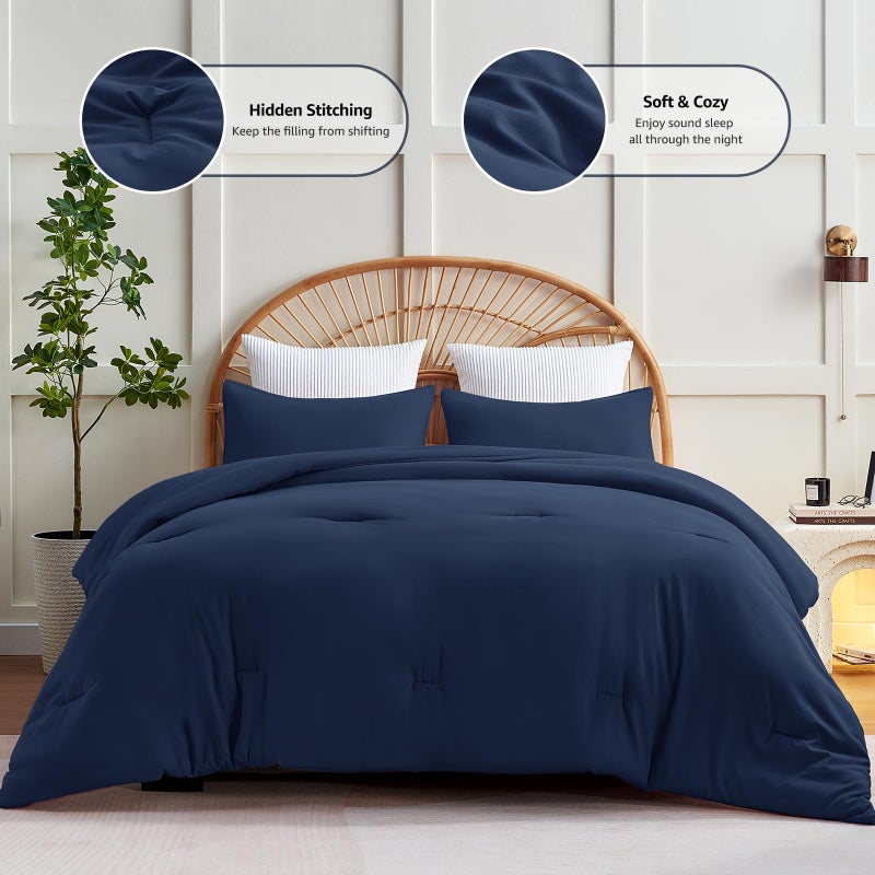CozyLux Navy Blue Comforter Set Queen Size  3 Pieces Solid Breathable Quilted Style Bedding Sets  Luxury Fluffy Soft Microfiber Comforter for All Season (1 Comforter & 2 Pillowcases) - Image 3