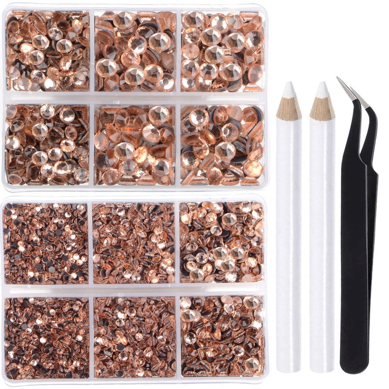 خرز LP 6400 قطعة من الكريستال الشمبانيا مع لاصق ساخن، بأحجام مختلطة 5، جواهر زجاجية دائرية مسطحة مع ملقط وقلم لالتقاط الأحجار الكريمة
