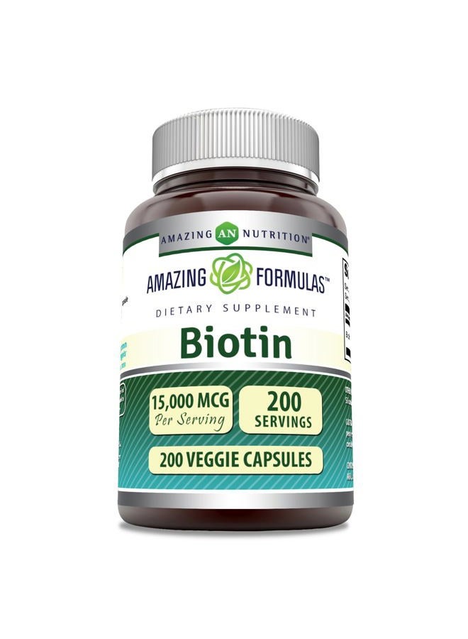 Amazing Nutrition أمزينغ فورمولا بيوتين 15000 ميكروغرام - يدعم صحة الشعر والبشرة والأظافر - يعزز تجديد الخلايا - يدعم الأيض الصحي وصحة الجهاز الهضمي (200 كبسولة) - Image 1