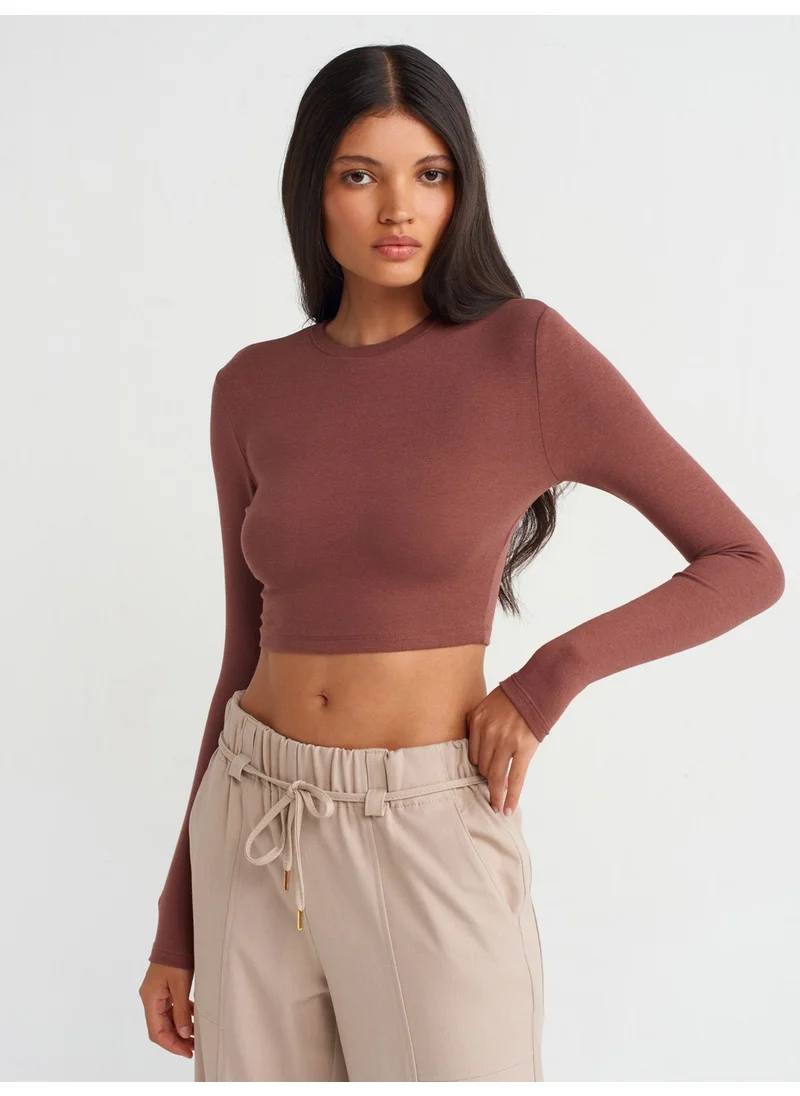 Dilvin 31236 Long Sleeve Crop Top-Brown