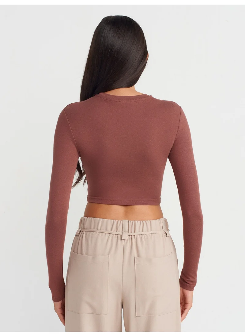 Dilvin 31236 Long Sleeve Crop Top-Brown