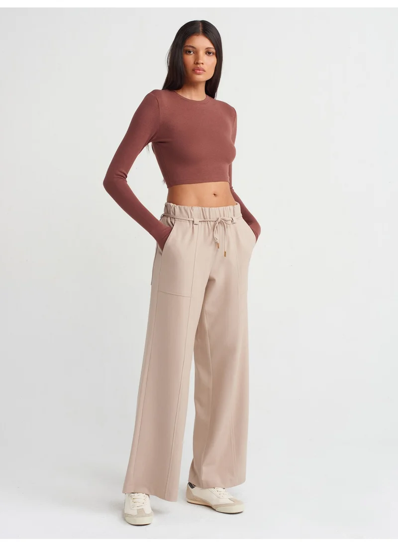 Dilvin 31236 Long Sleeve Crop Top-Brown