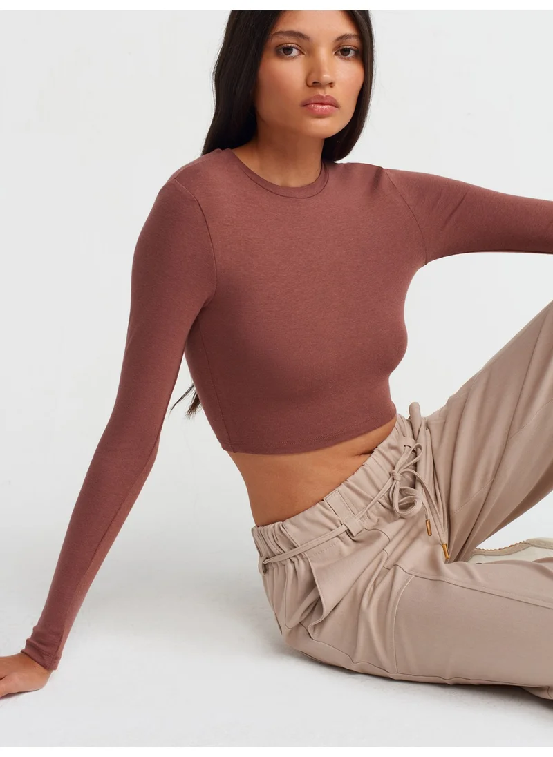 Dilvin 31236 Long Sleeve Crop Top-Brown