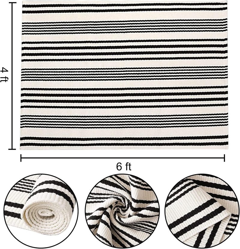 BUAGETUP Black and White Striped Outdoor Patio Rug 4' x 6',Hand Woven Cotton Patio Rug Front Porch Rug Indoor Outdoor Area Rug for Bedroom/Living/Room/Patio - Image 2