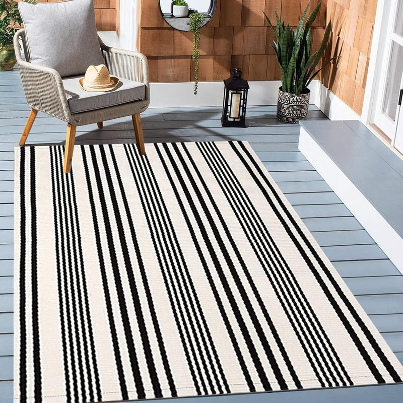 BUAGETUP Black and White Striped Outdoor Patio Rug 4' x 6',Hand Woven Cotton Patio Rug Front Porch Rug Indoor Outdoor Area Rug for Bedroom/Living/Room/Patio - Image 4
