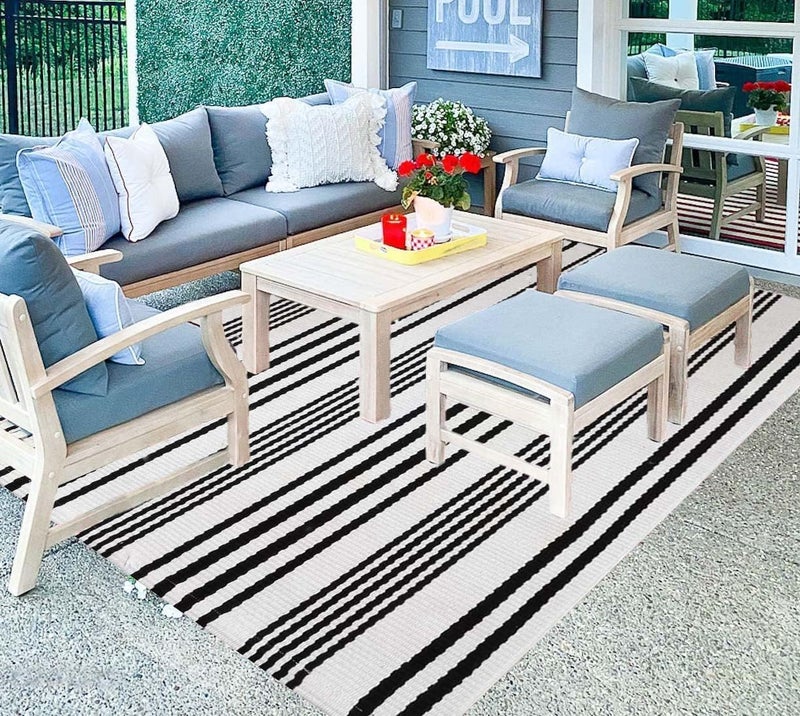 BUAGETUP Black and White Striped Outdoor Patio Rug 4' x 6',Hand Woven Cotton Patio Rug Front Porch Rug Indoor Outdoor Area Rug for Bedroom/Living/Room/Patio - Image 1