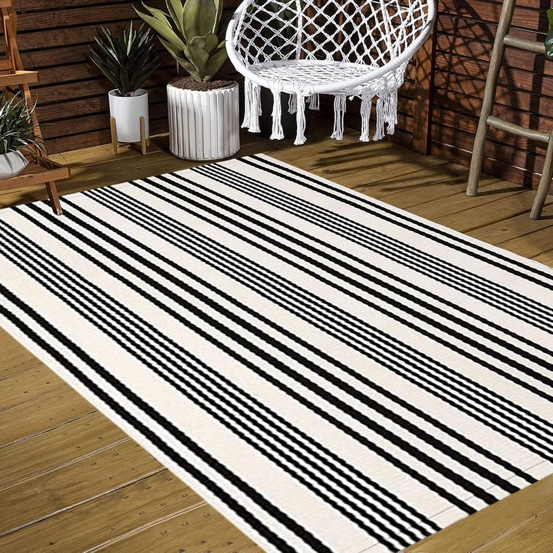 BUAGETUP Black and White Striped Outdoor Patio Rug 4' x 6',Hand Woven Cotton Patio Rug Front Porch Rug Indoor Outdoor Area Rug for Bedroom/Living/Room/Patio - Image 5