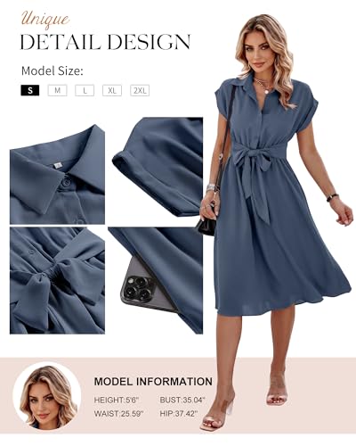 ECOWISH Womens Casual Midi Dresses Solid V Neck Short Sleeve Button Shirt Belted Dress with Pockets for Spring Summer 2026 A-Gray Blue L - Image 4