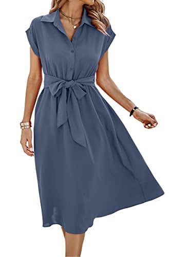 ECOWISH Womens Casual Midi Dresses Solid V Neck Short Sleeve Button Shirt Belted Dress with Pockets for Spring Summer 2026 A-Gray Blue L - Image 1