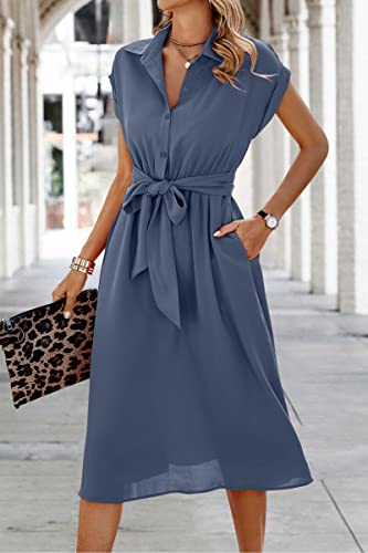 ECOWISH Womens Casual Midi Dresses Solid V Neck Short Sleeve Button Shirt Belted Dress with Pockets for Spring Summer 2026 A-Gray Blue L - Image 2