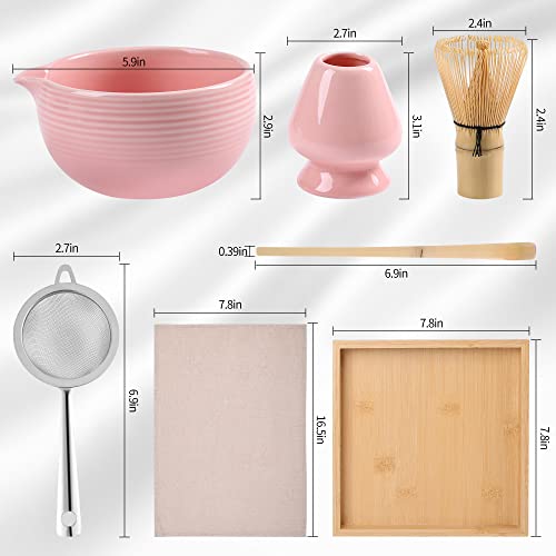 ZENRC Ceremony Pink Matcha Kit - Traditional Bamboo Matcha Whisk (Chasen) Scoop (Chashaku) Chawan Bowl with Pouring Spout Whisk Holder Sifter Tea Tray- The Perfect Matcha Set (Baby Pink, Set of 6) - Image 3