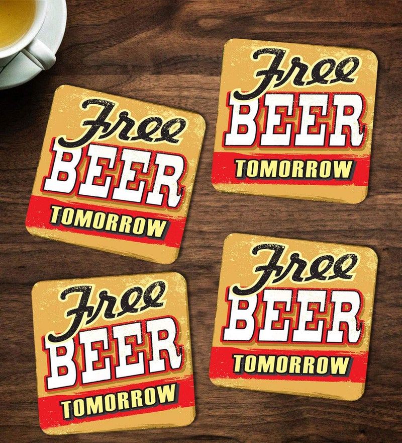 ASHVAH Free Beer Tomorrow PrintTypography TeaCoffee MugDesigner Handmade Wooden Coaster Set for Home Kitchen Office Desk Set of 4 Square 10cm