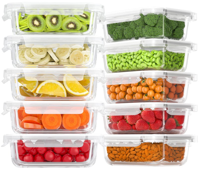 Bayco 10 Pack Glass Meal Prep Containers, Glass Food Storage Containers with Lids, Airtight Lunch Bento Boxes, BPA-Free & Leak Proof (10 lids & 10 Containers) - White - Image 1