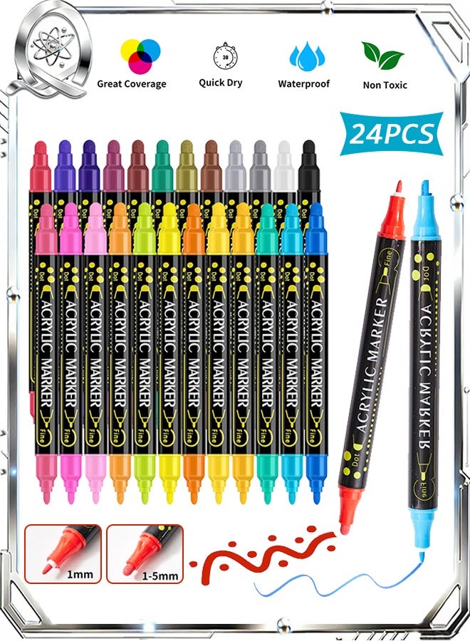 Quantum 24 PCS Acrylic Paint Pens Markers, Metallic Colors Dual Tip Acrylic Paint Markers, Dot Tip and Fine Tip Acrylic Paint Pens for Rock Painting DIY Crafts - Image 1