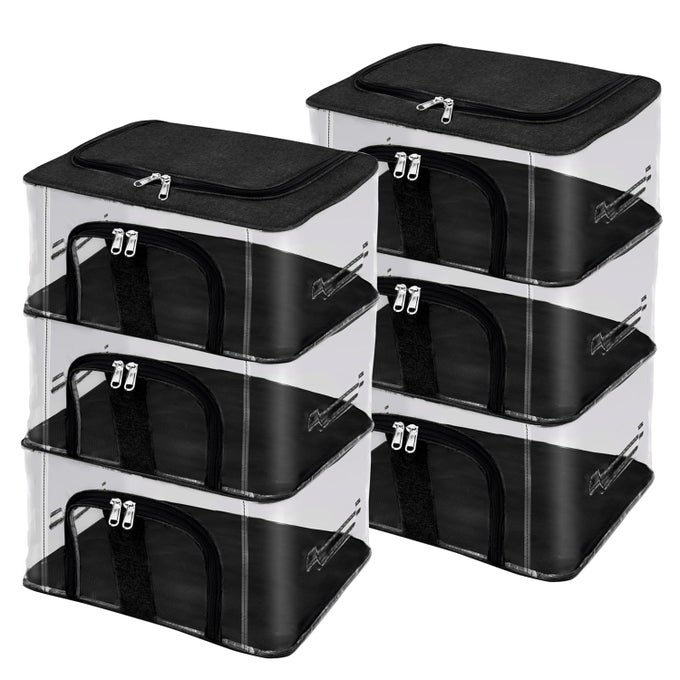 SET OF 6 TRANSPARENT STORAGE BAG FOR CLOTHES GARMENTS SAREES WITH CARRY HANDLE CLEAR PVC MOISTURE PROOF STORAGE BOX FOR CLOTHES CLOSET WARDROBE ORGANIZER 44X31X24 CM BLACK