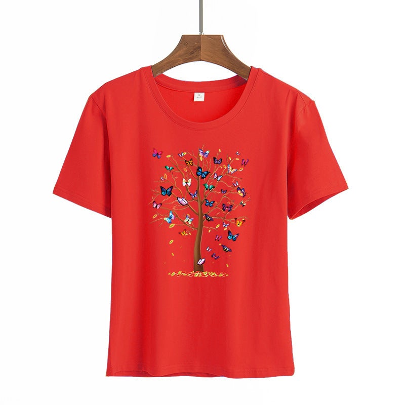 Foreign trade spot 2021 new foreign trade Europe and the United States butterfly tree printing mens and womens T-shirt trend AliExpress womens clothing Red