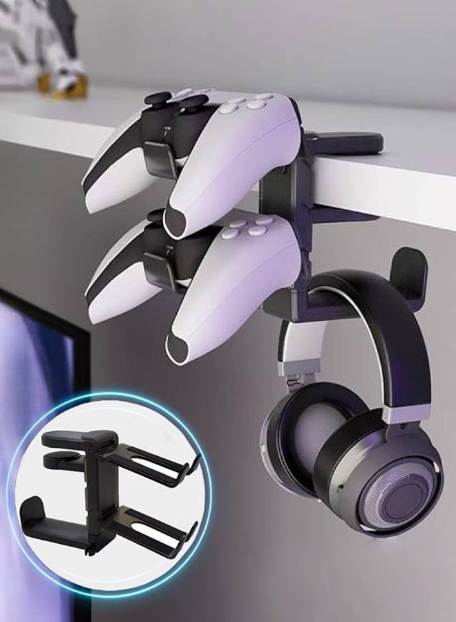 3 in 1 PC Gaming Headset Controller Holder Headphone Stand with 360° Rotation Non Slip Desk Clamp 2 Controller Holders Universal Gaming Accessories Organizer - Image 1