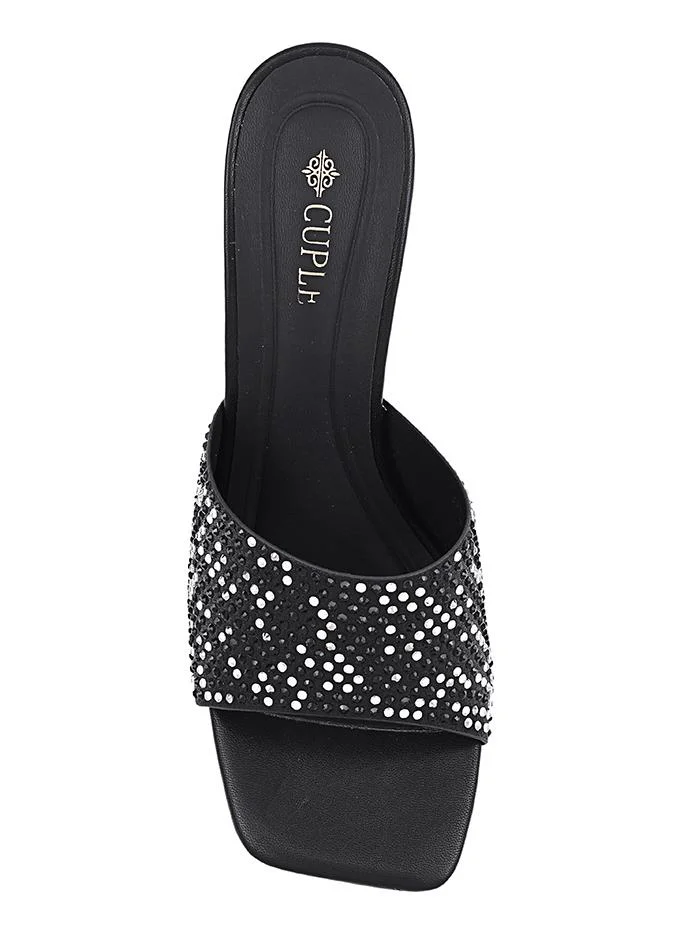 Cuple Black Cuple Embellished Multi Strap Flat Slides for Women | Best Price UAE