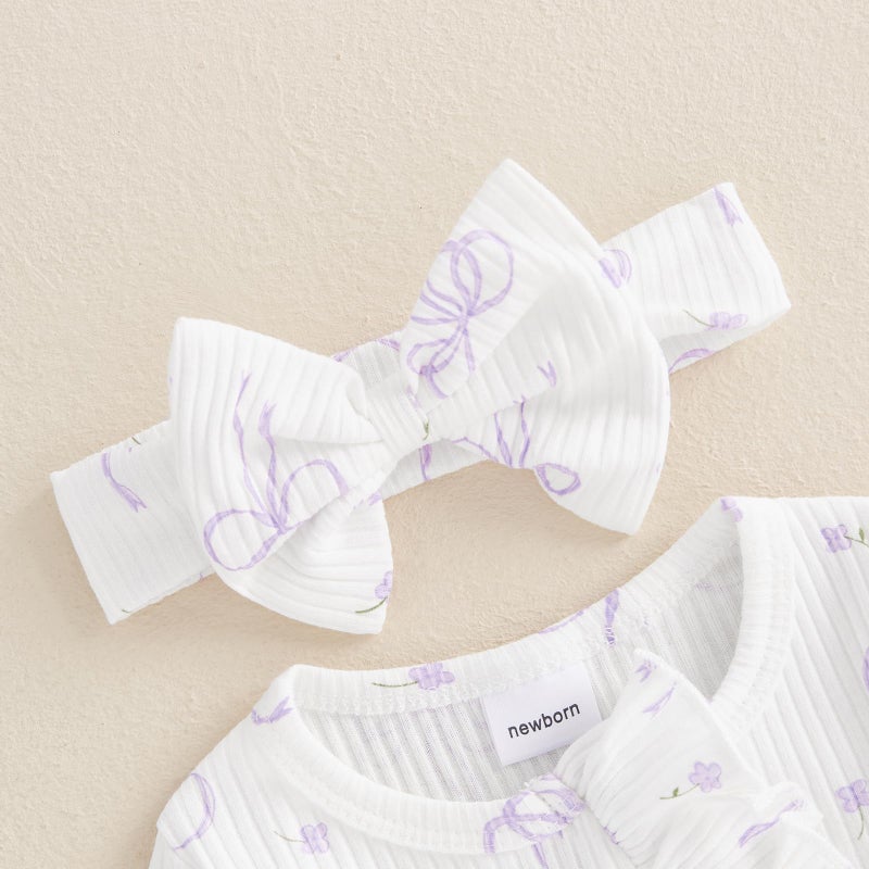 allshope Newborn Baby Girl Fall Outfit Bow Print Long Sleeve Full Length Zipper Front Ribbed Jumpsuit Infant Clothes (Color White, Newborn) - Image 4
