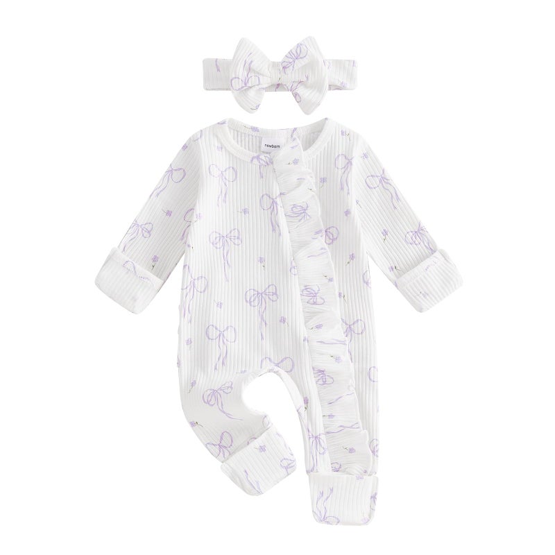 allshope Newborn Baby Girl Fall Outfit Bow Print Long Sleeve Full Length Zipper Front Ribbed Jumpsuit Infant Clothes (Color White, Newborn) - Image 1