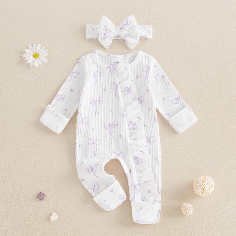 allshope Newborn Baby Girl Fall Outfit Bow Print Long Sleeve Full Length Zipper Front Ribbed Jumpsuit Infant Clothes (Color White, Newborn) - Image 2