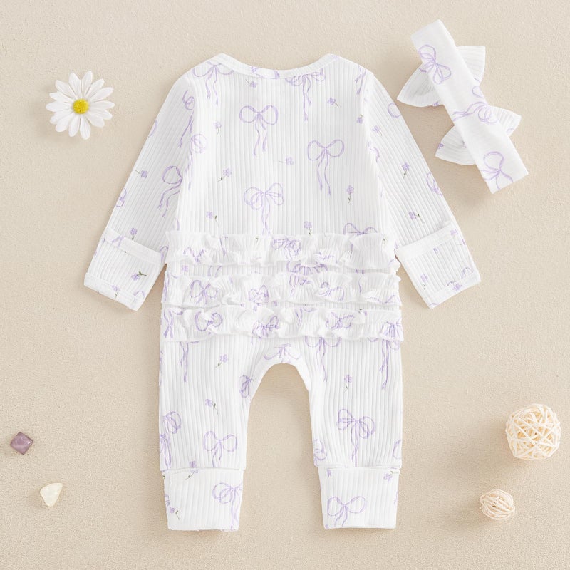 allshope Newborn Baby Girl Fall Outfit Bow Print Long Sleeve Full Length Zipper Front Ribbed Jumpsuit Infant Clothes (Color White, Newborn) - Image 3