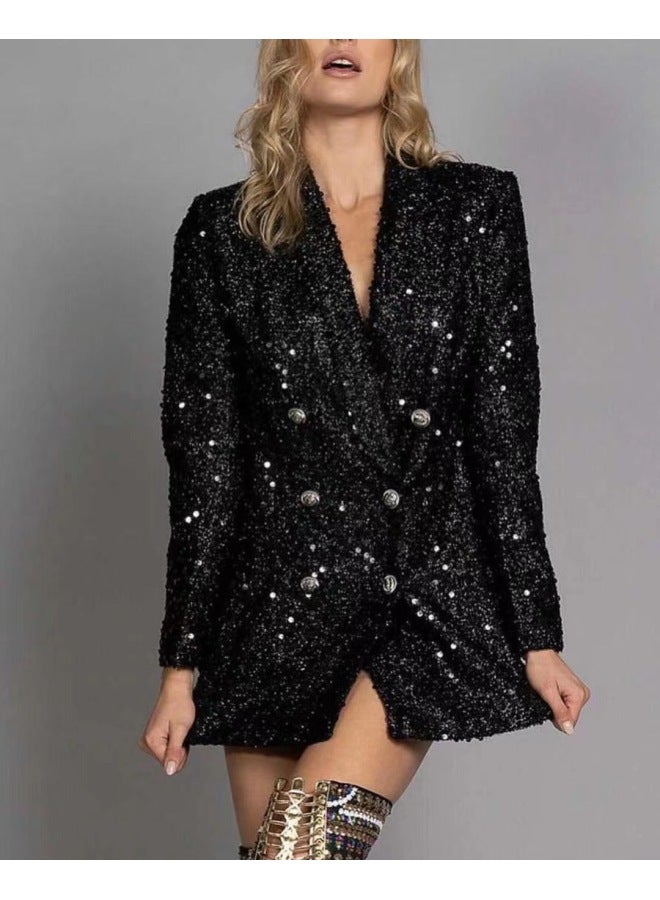 New European And American Fashion Celebrity V-neck Elegant Suit Jacket Double-breasted Black Sequin Slim Long Top