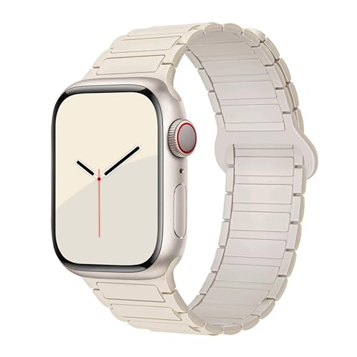 GUOi® Magnetic Silicone Watchband Compatible with Apple Watch Ultra 2＆Ultra 49mm 45mm 44mm 42mm 46mm-Men&Women Strap for iWatch Se10/9/8/7/6/5/4/3/2/1 SE 46/44/45/49/42mm(Series 3/2/1)-Antique White/Starlight - Image 1