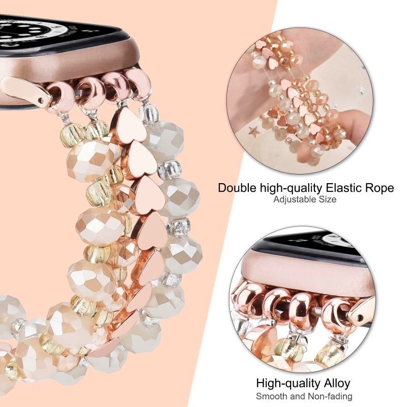 VISOOM Beaded Bracelet Compatible for Apple Watch Band 40mm/38mm/41mm/42mm Series 11 10 7 SE Series 6/5/4 Women Fashion Cute Handmade Elastic Stretchy Watch Strap for iWatch Bands Series 3/2/1 - Image 3