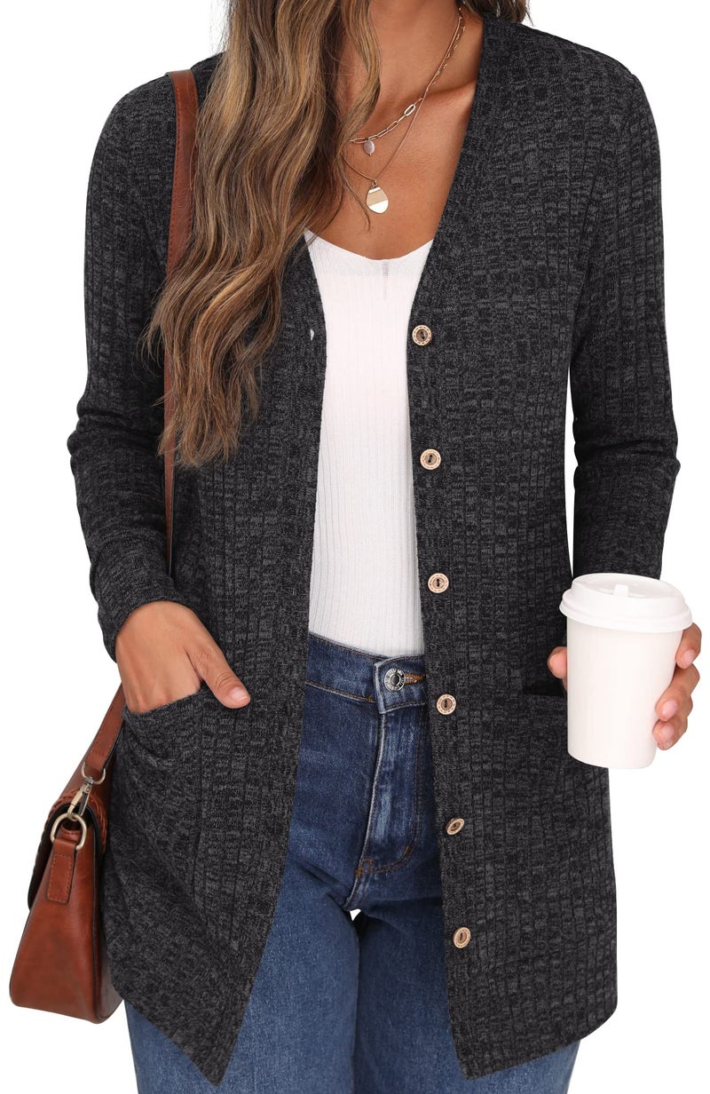 GRECERELLE Long Cardigans for Women Long Sleeve Open Front Cardigan Lightweight Button Down Vee Neck Ribbed Knit Sweater Outerwear with Pocket - Image 1