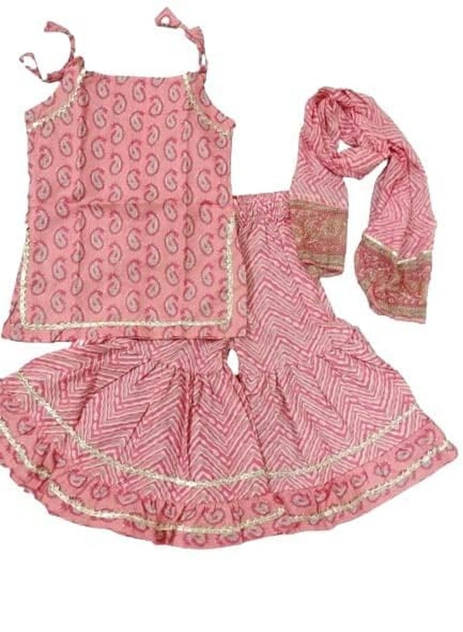 LITTLE DREAMS Presents Girls Pure Cotton Printed |Girl's Ethnic Sleeveless Top Kurta with Sharara Pant (Red 3-4 Year)