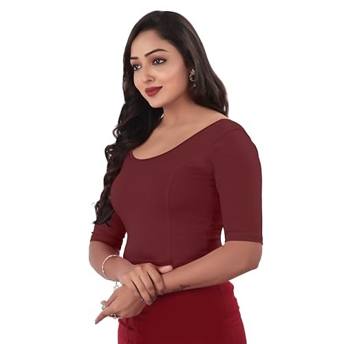 DESI GIRL - Round Neck Cotton Lycra Regular Fit Saree Blouse for Women | Bracelet - 3/4 Sleeve Readymade Stretchy Embroidered Design Festive Blouse Perfect for Saree, Lehenga, Kurti | Brick - 44 - Image 2