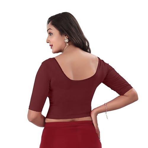 DESI GIRL - Round Neck Cotton Lycra Regular Fit Saree Blouse for Women | Bracelet - 3/4 Sleeve Readymade Stretchy Embroidered Design Festive Blouse Perfect for Saree, Lehenga, Kurti | Brick - 44 - Image 3